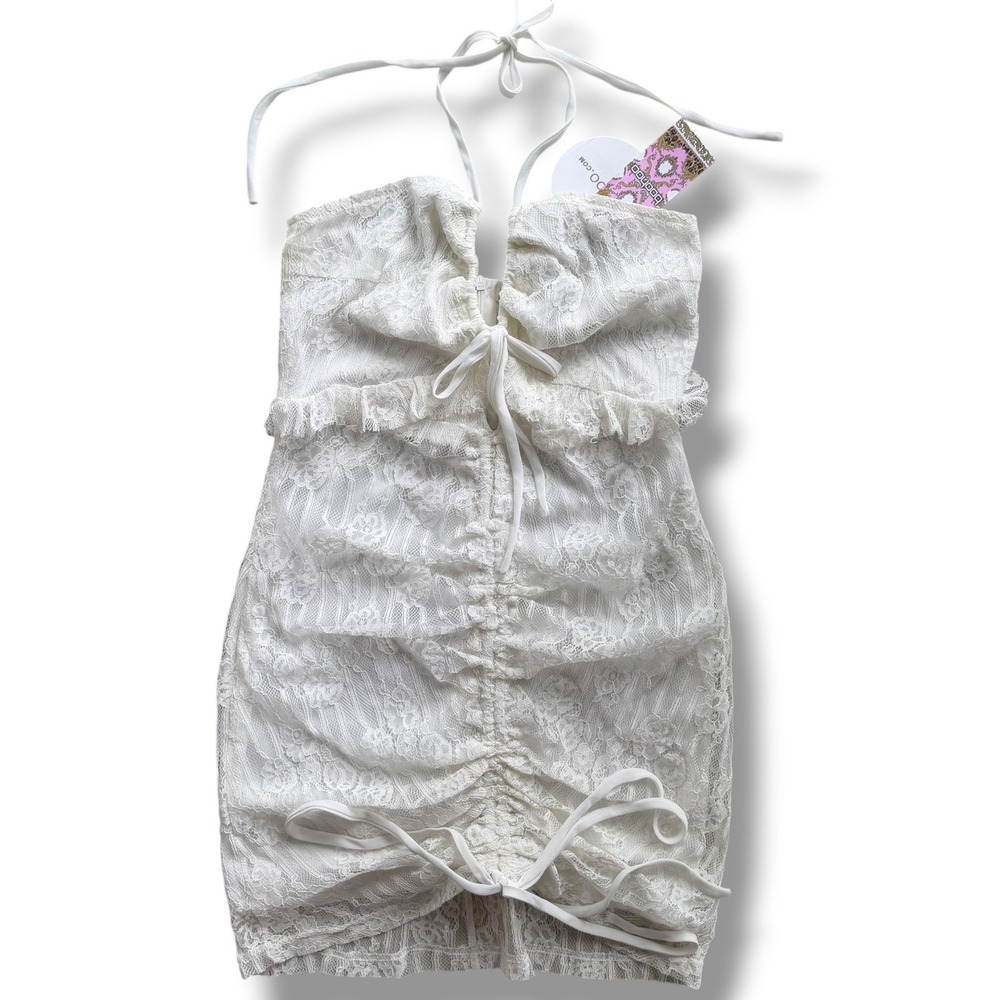 Boohoo US 2 White Lace Ruched Frill Detail Halter Mini Dress Coquette Fairycore